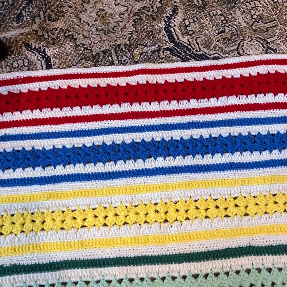 Vintage Handmade Crochet Throw Multicolor Stripe Pattern Scalloped Border